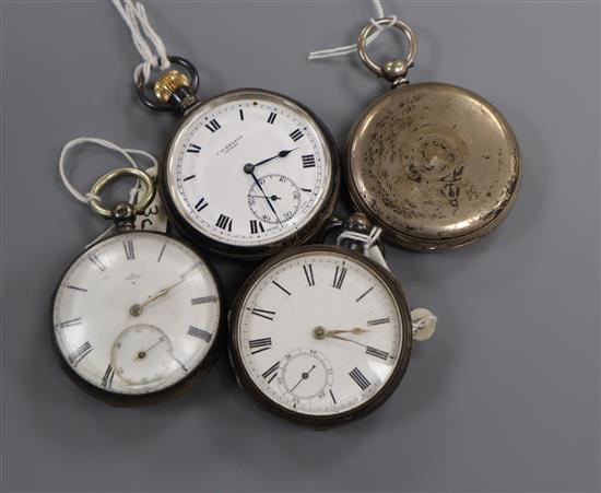 Four assorted silver pocket watches including Benson and a hunter.